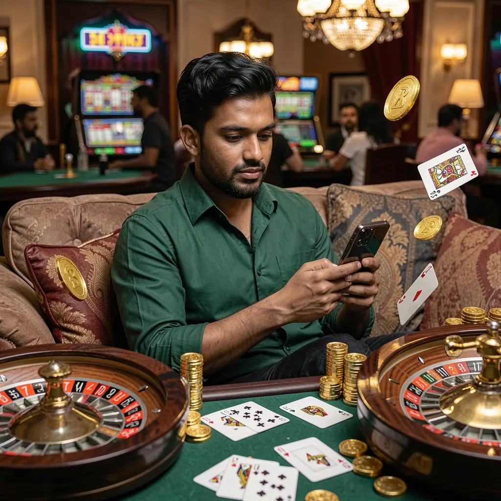 Young Bangladeshi man relaxing on a sofa while using the 9X999 casino app with floating poker chips playing cards and roulette elements