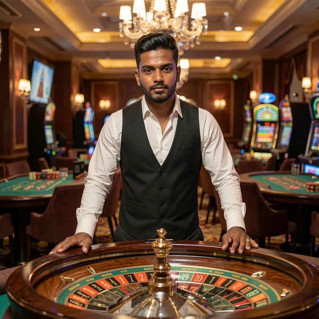 Professional live casino dealer standing at a bright roulette table with warm casino lights behind, representing trusted live gaming action at 9X999 for Bangladesh players