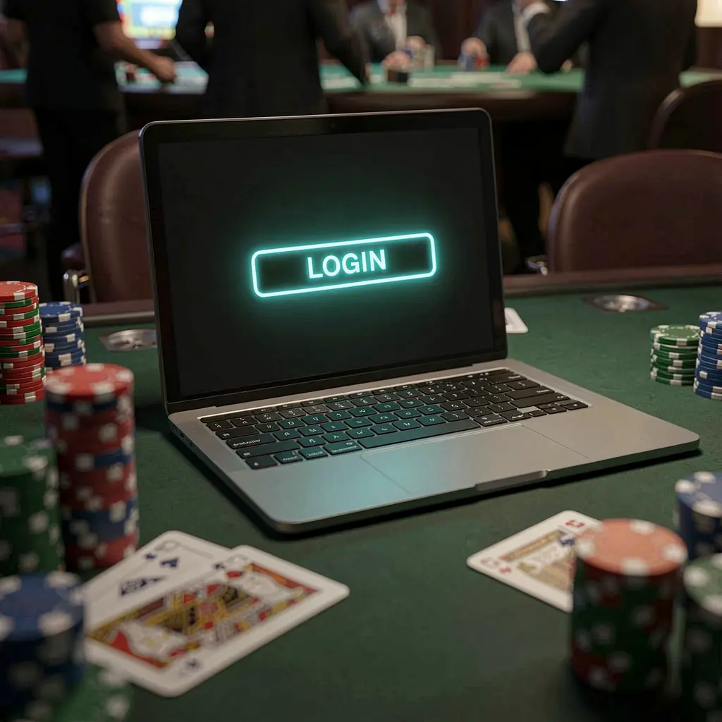 Modern laptop on a casino table with poker chips and cards showing the 9X999 login screen for secure access in Bangladesh